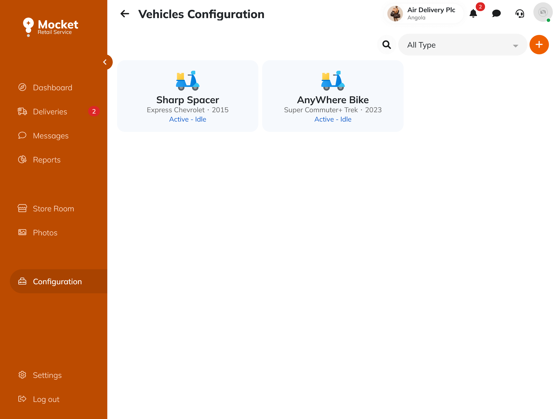 Mocket Delivery vehicle configuration page for managing delivery vehicle settings