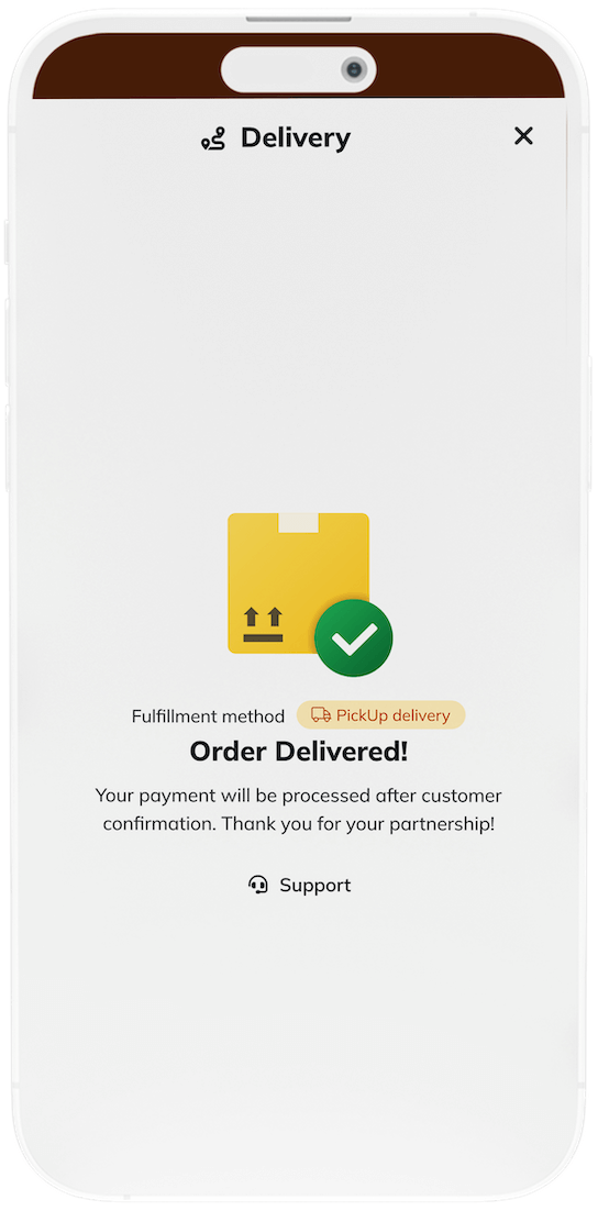 Mocket Delivery dispatch completed page showing finalized delivery status on mobile screen